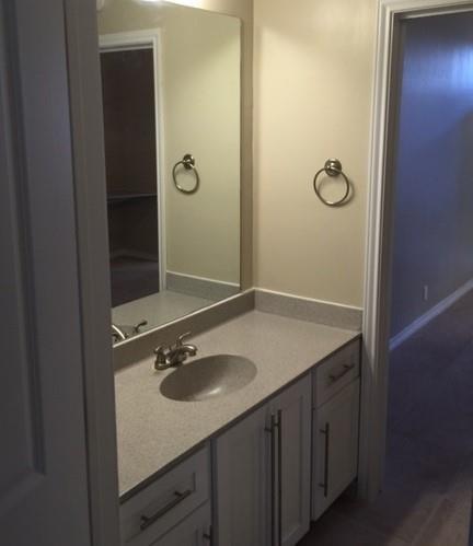 2814 Nueces Street, Unit 208 Austin, TX 78705 - Photo 5 of 6 a bathroom with a granite countertop sink and a mirror