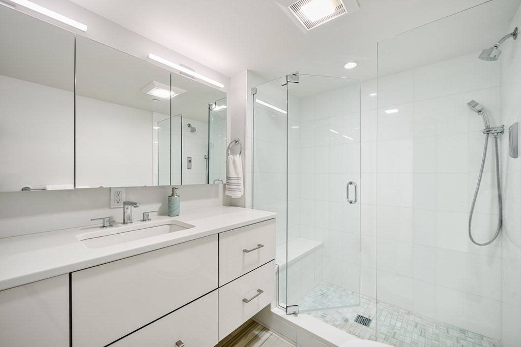 1672 R Washington Street, Unit TH1 Boston, MA 02118 - Photo 20 of 40 a bathroom with a shower sink double and mirror