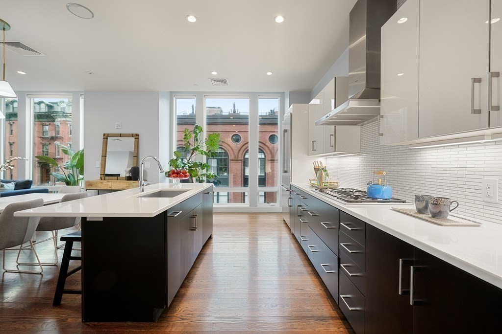 1672 R Washington Street, Unit TH1 Boston, MA 02118 - Photo 6 of 40 a large kitchen with stainless steel appliances kitchen island granite countertop a sink and cabinets