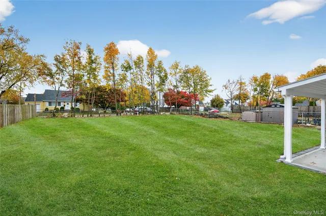 a view of a park with large trees