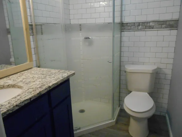 a bathroom with a granite countertop toilet and a sink