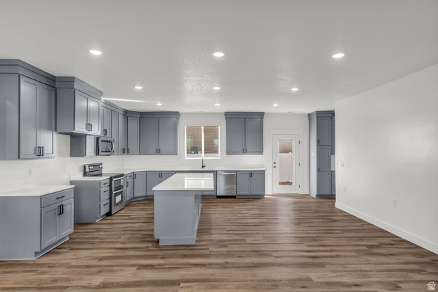 520 East 450th Street North Delta, UT 84624 - Photo 11 of 48 Kitchen with gray cabinets, a center island, dark wood-style flooring, recessed lighting, and stainless steel appliances