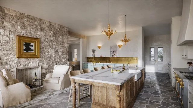 a view of a dining room with furniture a chandelier and wooden floor