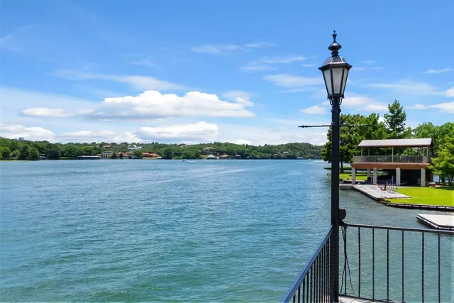 a view of a lake with a terrace