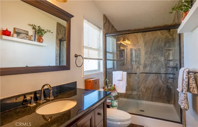a bathroom with a granite countertop sink toilet a mirror and shower