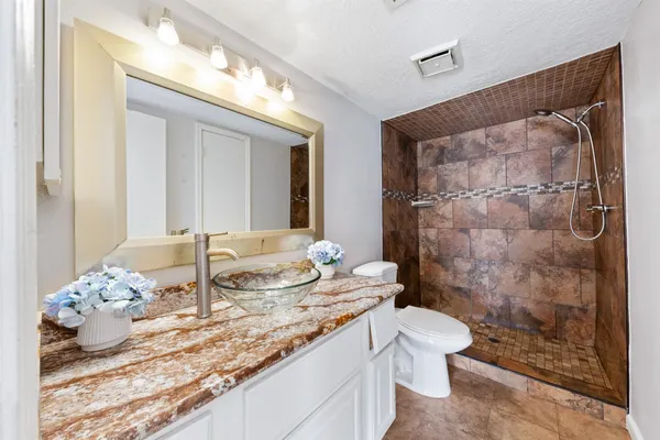 a bathroom with a granite countertop sink a toilet and shower