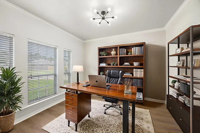 a view of a workspace with furniture and a potted plant