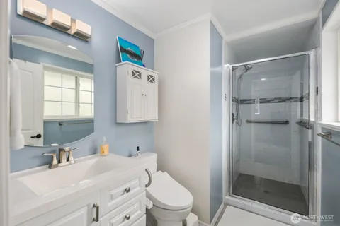 a bathroom with a sink toilet vanity and shower