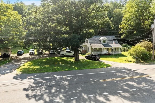 a view of a lush green forest with trees and houses