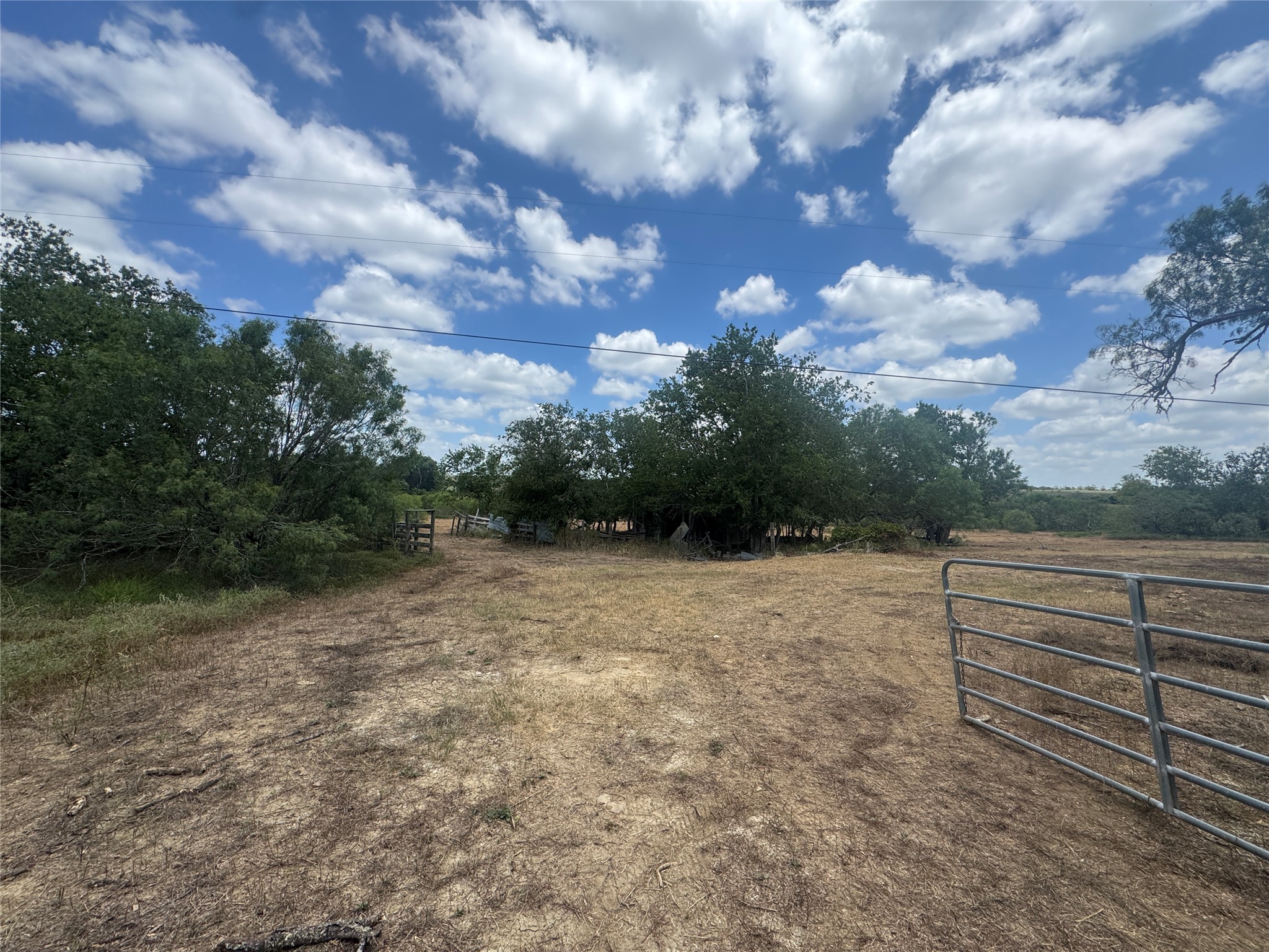 Tbd Sand Hill Road Dale, TX 78616 - Photo 2 of 9 A spacious, open lot with mature trees and a metal gate, offering abundant land potential.