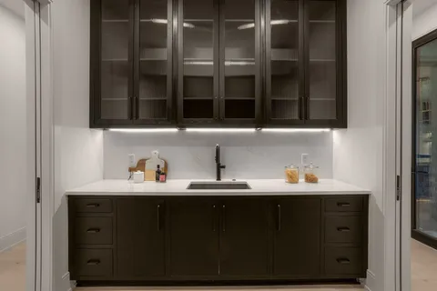 a bathroom with a granite countertop sink and a potted plant