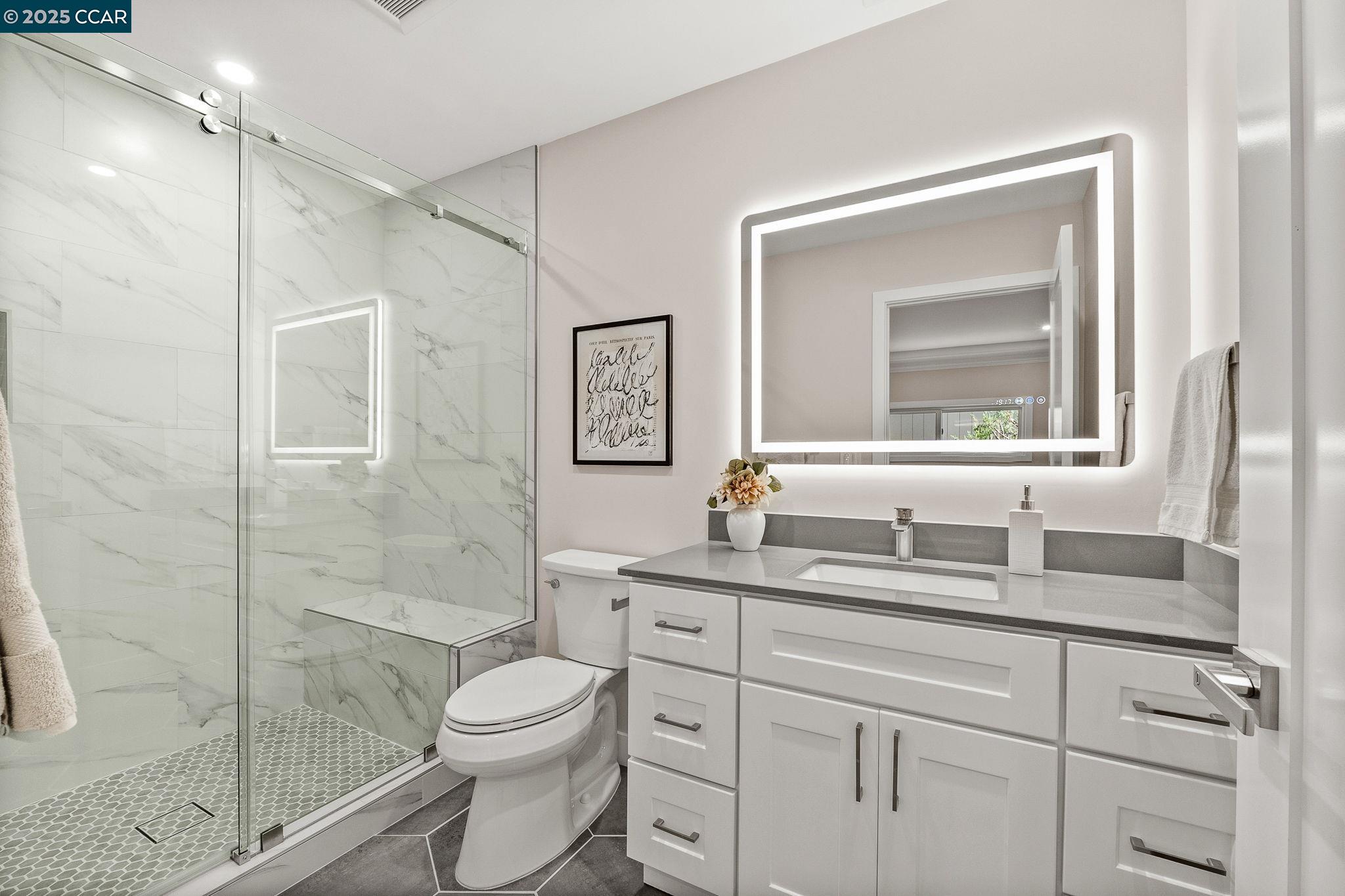 2300 Pine Knoll Drive, Unit 1 Walnut Creek, CA 94595 - Photo 10 of 46 a bathroom with a toilet a sink a glass door a shower a mirror and vanity