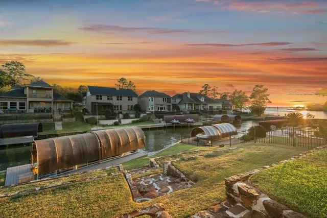 a view of a lake with a outdoor space