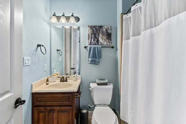 a bathroom with a sink a toilet and shower curtain