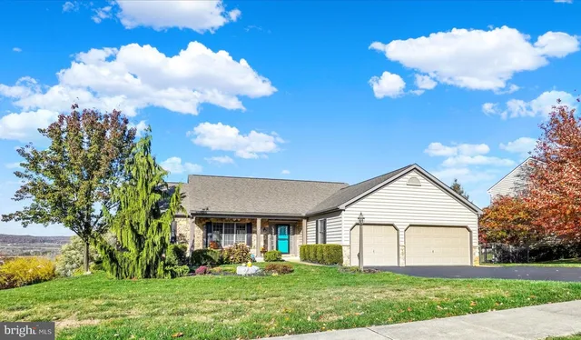a view of a house with a yard and potted plants