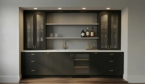 a kitchen with a sink and cabinets