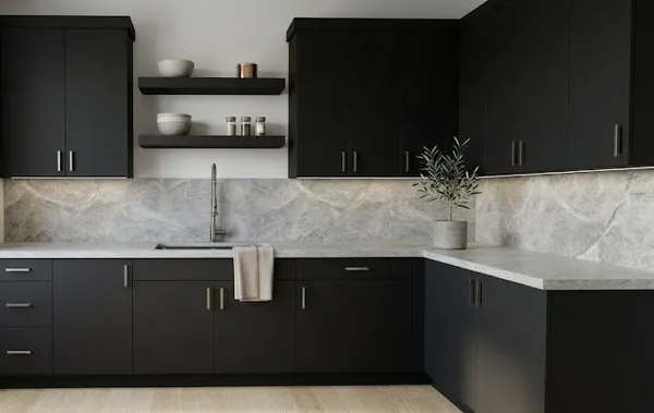 a kitchen with a sink and cabinets