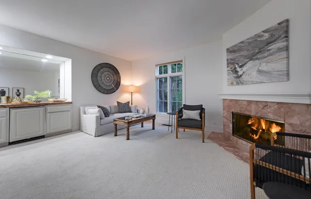 a living room with furniture a fireplace and wall paintings