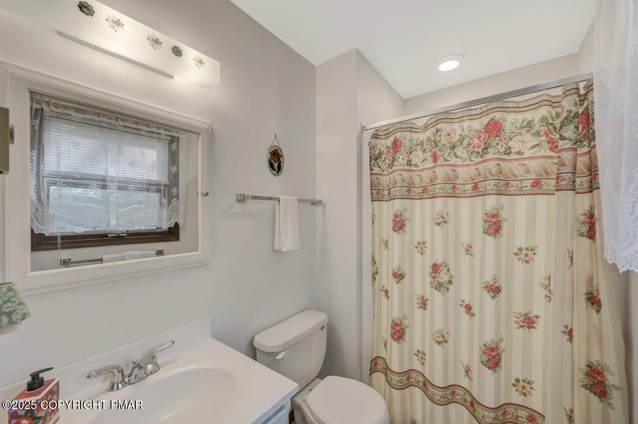 117 Winding Hill Road Pocono Pines, PA 18350 - Photo 10 of 19 a bathroom with a toilet sink and shower curtain
