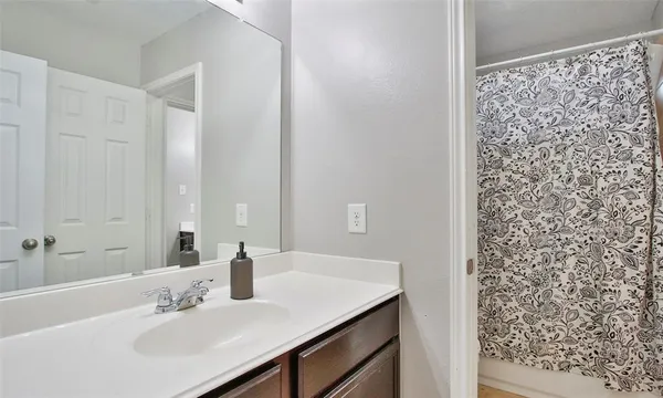 a bathroom with a sink and a mirror