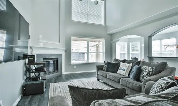 a living room with furniture window and a fireplace