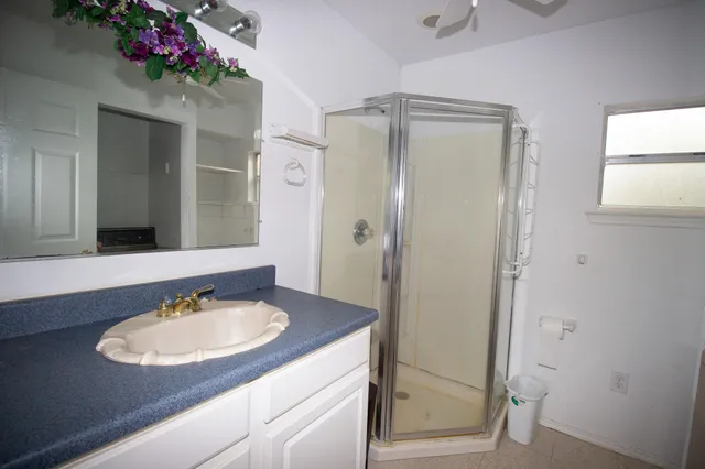 a bathroom with a sink vanity and a mirror