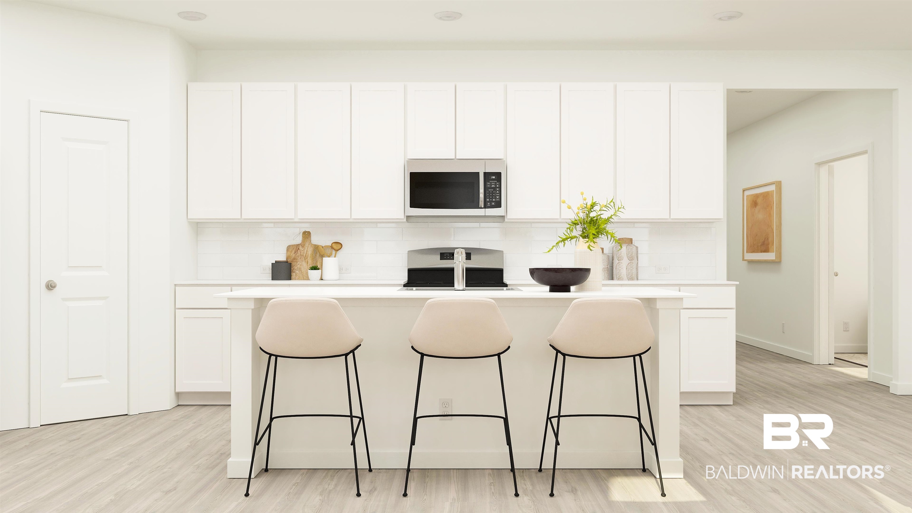 1190 Madera Circle Foley, AL 36535 - Photo 2 of 24 Kitchen with white microwave, stove, a kitchen bar, a kitchen island, and decorative backsplash