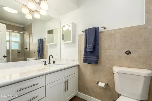 a bathroom with a sink a toilet and a large mirror