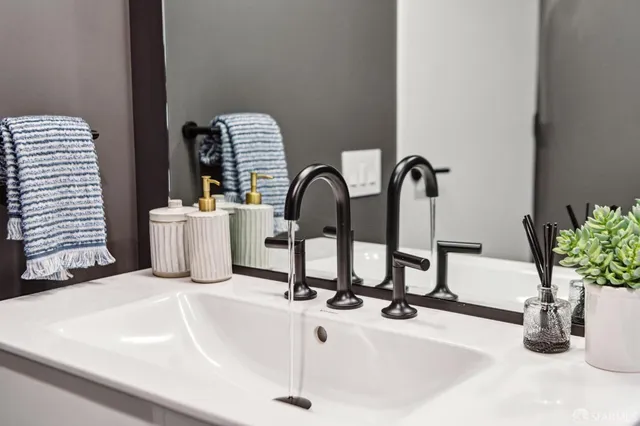 a bathroom with a sink and a potted plant
