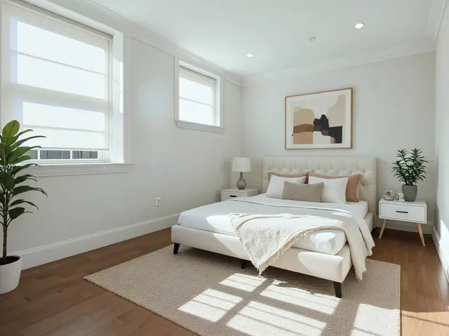 a bedroom with a large bed and a potted plant