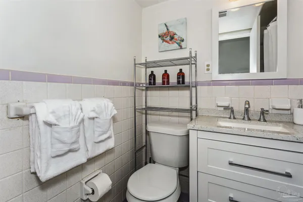 a bathroom with a toilet sink vanity and mirror