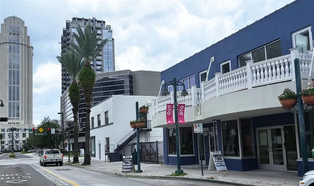 a front view of a building with street view