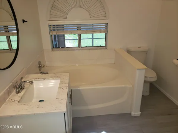 a bathroom with a sink a mirror and a bathtub