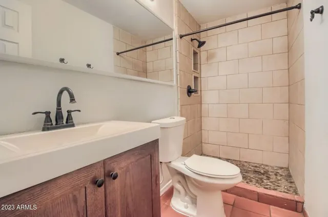 a bathroom with a sink a toilet and shower