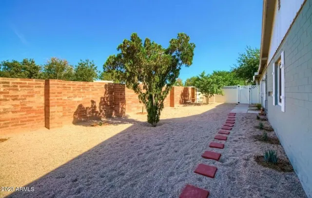 a view of a backyard with large trees