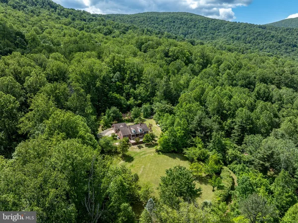 a view of a field with a trees in the background