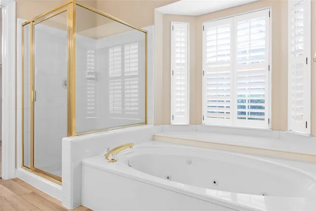 a bathroom with a bathtub and a shower