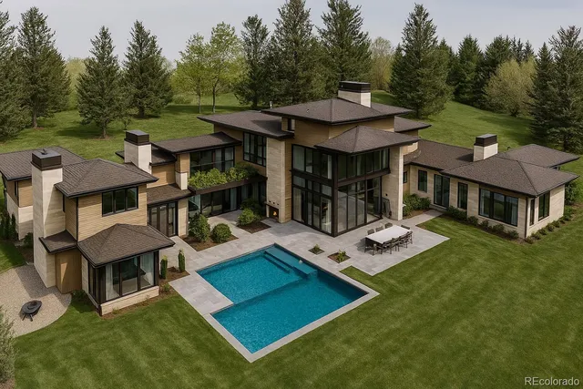 a view of a house with pool and chairs