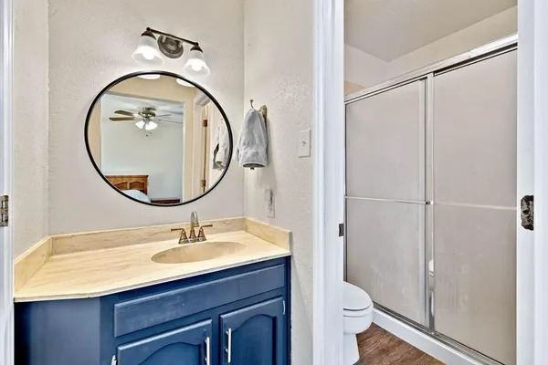 a bathroom with a sink a toilet and a mirror