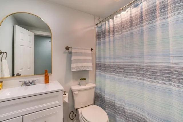 a bathroom with a sink a toilet and shower curtain