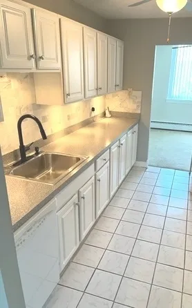 a kitchen with a sink a counter top space cabinets and window