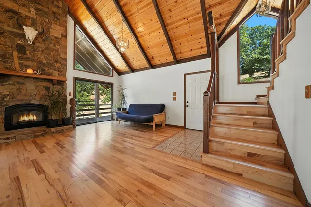 a view of a dining room with furniture wooden floor and a potted plant