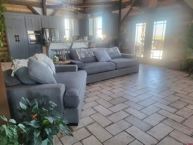 a living room with furniture and a potted plant