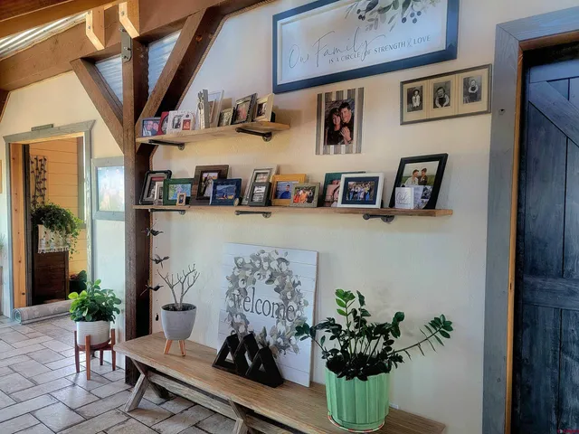 a view of a dining room with furniture
