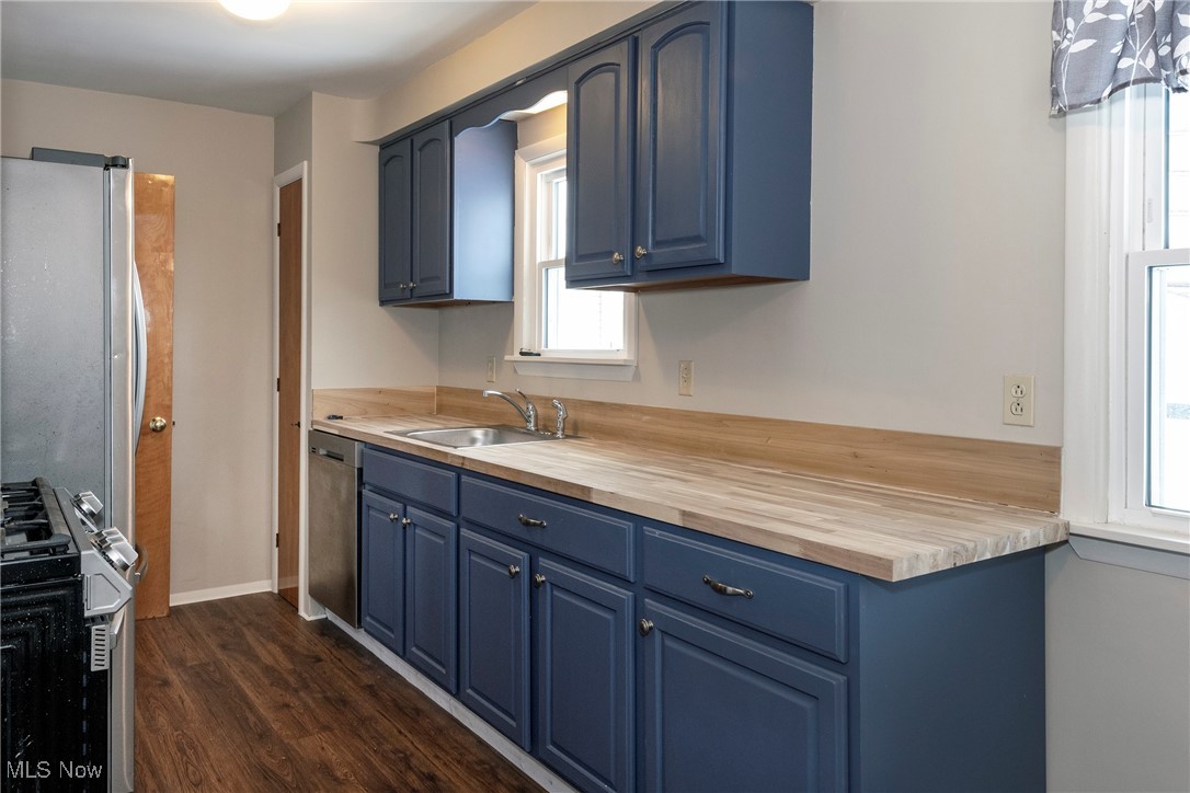 767 Glenhurst Road Willowick, OH 44095 - Photo 7 of 42 Kitchen featuring blue cabinets, sink, dark hardwood / wood-style flooring, and stainless steel appliances