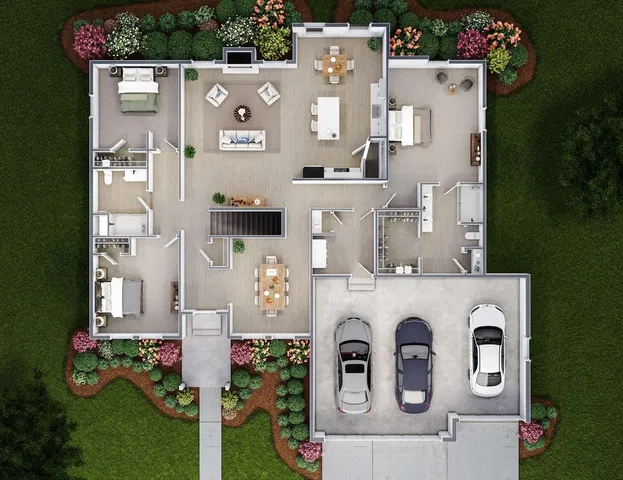an aerial view of a house with a yard and seating area