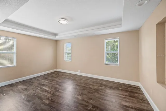 a view of a park with large trees