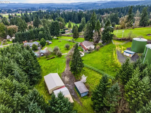 an aerial view of a house with garden