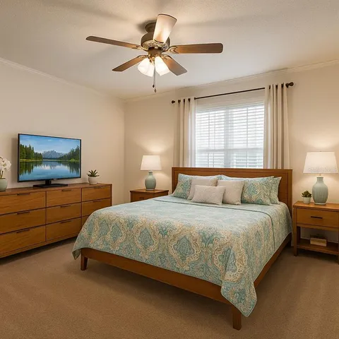 a bedroom with a bed and a flat screen tv