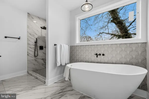 a bathroom with a bathtub and a shower